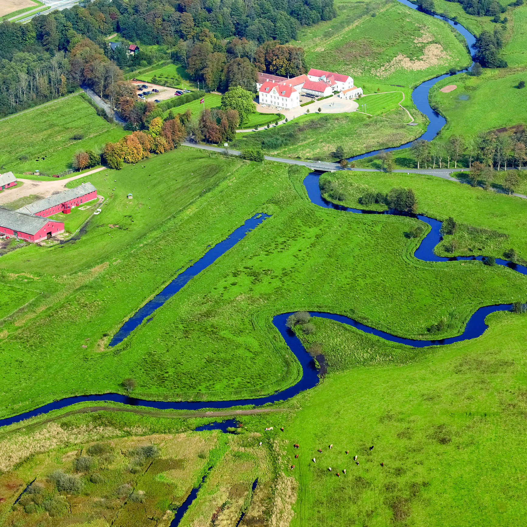 Luftfoto over vådområde ved Vejle Ådal med Vejle å, der snor sig igennem. På billedet ses en gård og Hotel Haraldskær.