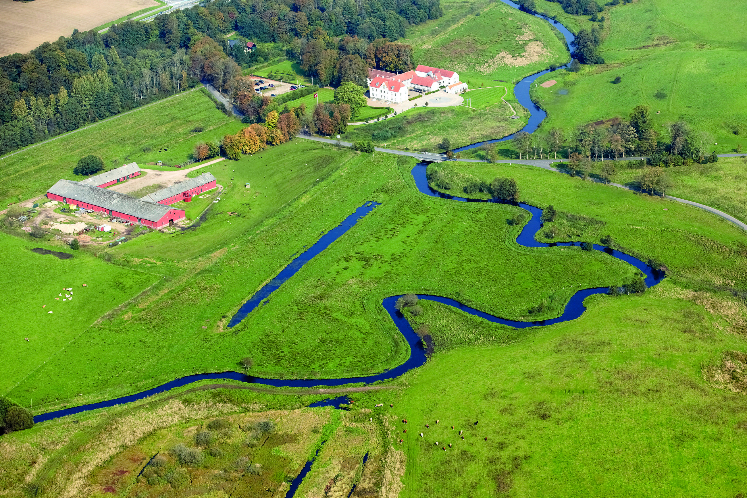 Luftfoto over vådområde ved Vejle Ådal med Vejle å, der snor sig igennem. På billedet ses en gård og Hotel Haraldskær.