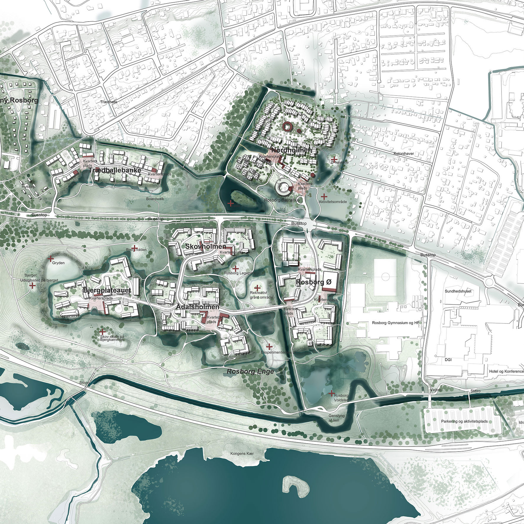 Illustrationsplan af Ny Rosborg bydelen bestående af 6 holme: Rosborg Ø, Ådalsholmen, Skovholmen og Bjergplateauet som ligger syd for Vestre Engvej og Nordholmen og Trædballebanke, der ligger nord for Vestre Engvej