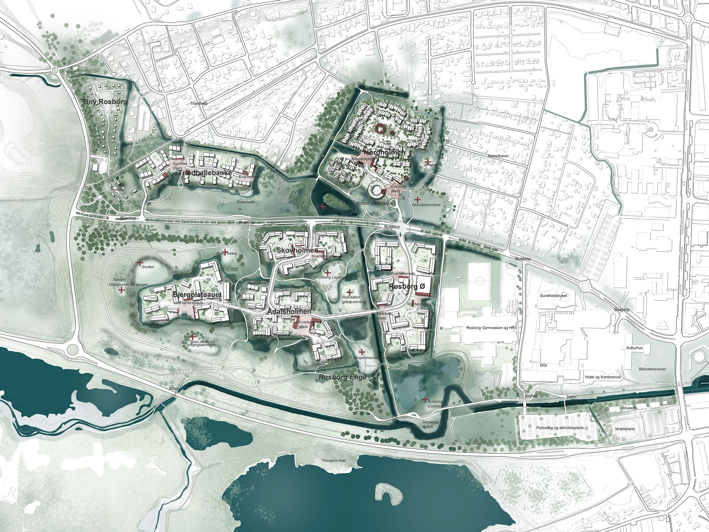 Illustrationsplan af Ny Rosborg bydelen bestående af 6 holme: Rosborg Ø, Ådalsholmen, Skovholmen og Bjergplateauet som ligger syd for Vestre Engvej og Nordholmen og Trædballebanke, der ligger nord for Vestre Engvej